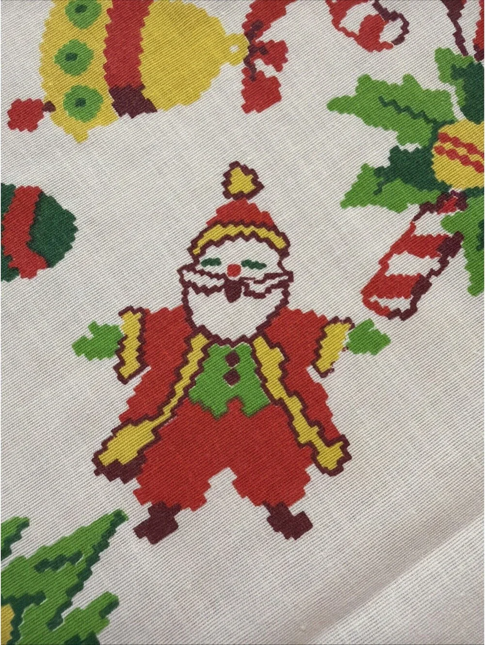 VTG Christmas Tablecloth Kitschy Mid Century Santa Angel Wreath Candy Cane 58x84